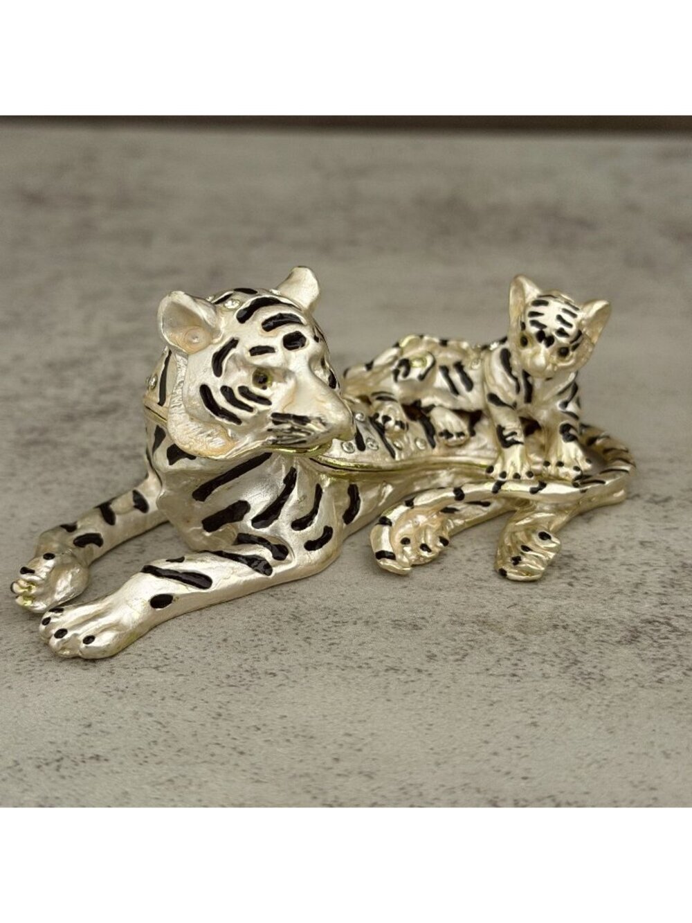 Vintage Lion and Cub Metallic Gold CZ Studded Hinged Enameled Trinket Box 4.5"